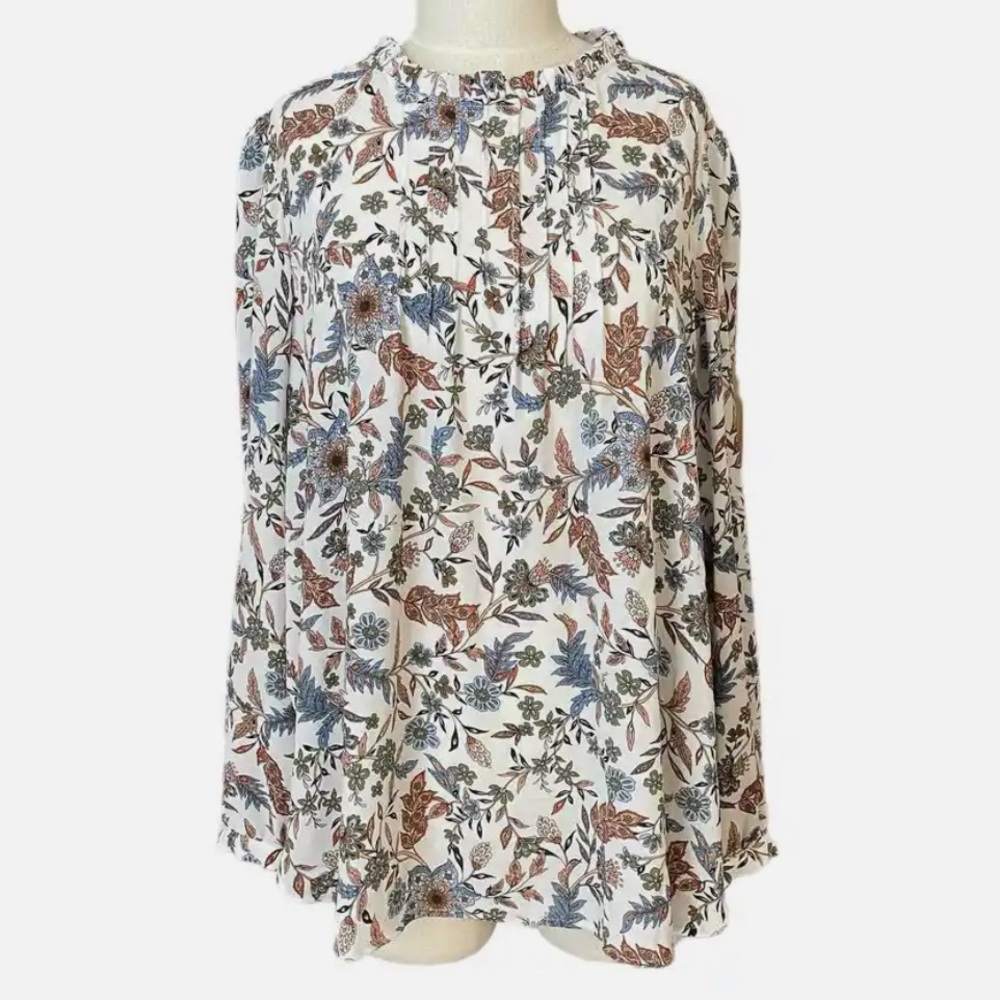 LOFT Floral Pintuck Pleats Long Sleeve Top